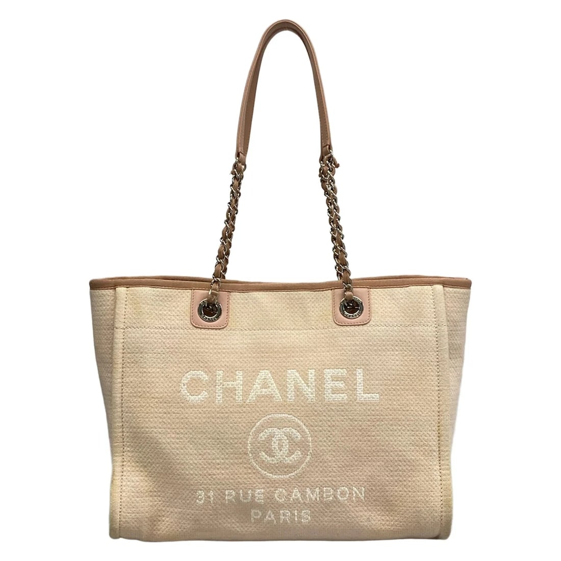 CHANEL DEAUVILLE LINE PINK BEIGE CANVAS LEATHER TOTE BAG (1 of 11)