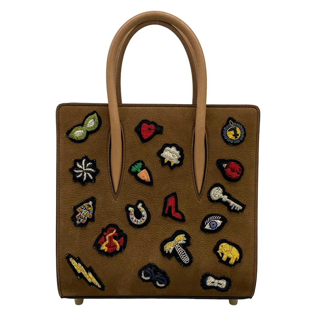 CHRISTIAN DARK BROWN BEIGE RED NUBUCK LEATHER HANDBAG: CHRISTIAN Dark Brown Beige Red Nubuck Leather Handbag Brand: CHRISTIAN LOUBOUTIN Type/Style: Handbag Material: Exterior Material Nubuck, Leather Color: Exterior Color Dark Brown, Beige, Red Size: Heig