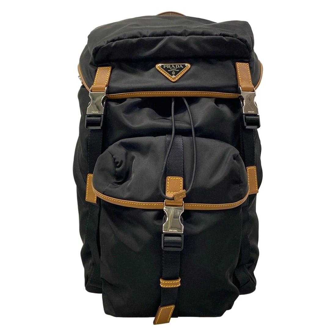 PRADA RE-NYLON SAFFIANO LEATHER BACKPACK: PRADA Re-Nylon Saffiano leather backpack Brand: PRADA Type/Style: Backpack Material: Exterior Material Nylon, Saffiano Leather Color: Exterior Color Black, Brown Size: Height : 16.14 inch Width : 15.3