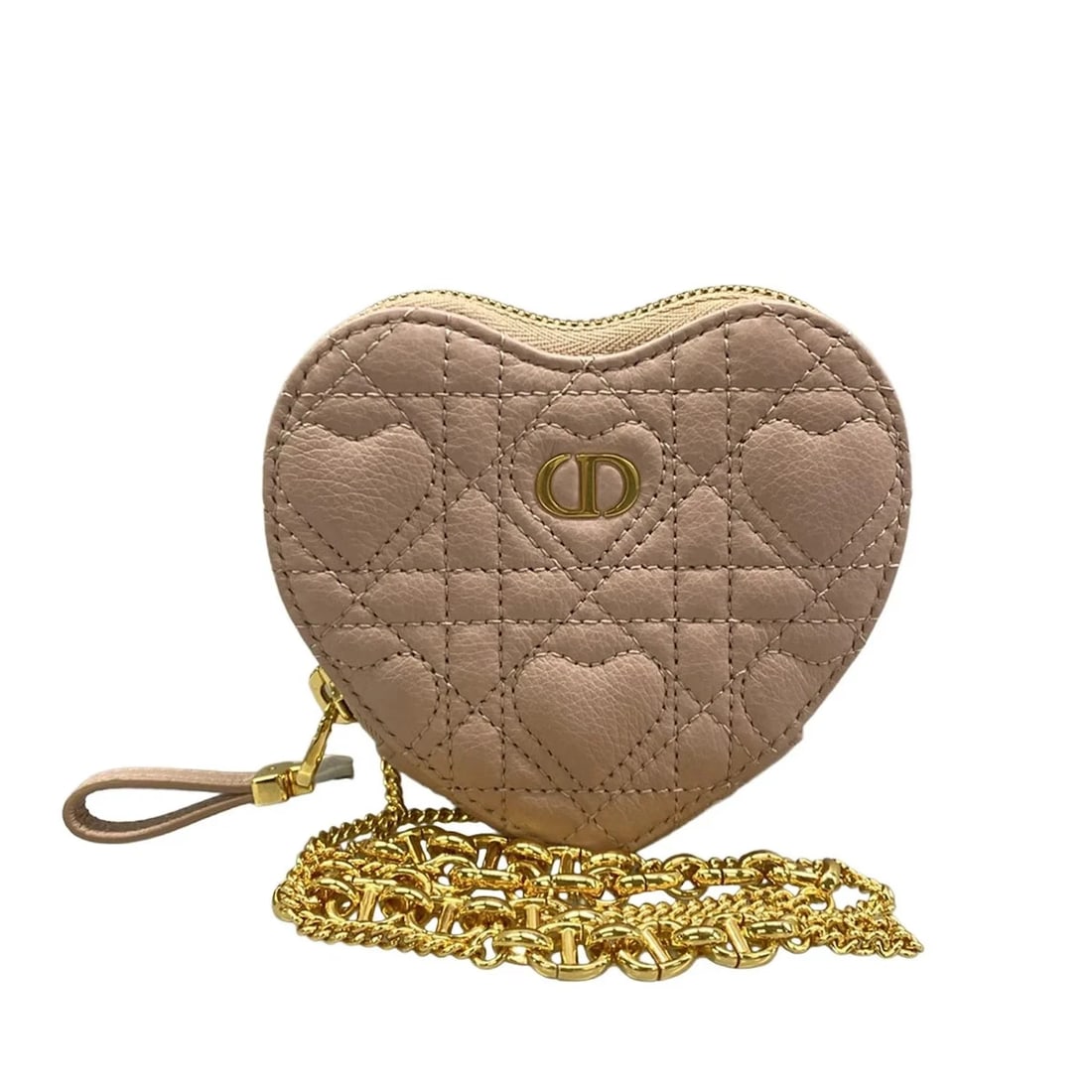 DIOR/CHRISTIAN CHAIN HEART PINK BEIGE CALF SKIN POUCH: DIOR/Christian Chain Heart Pink Beige Calf Skin Pouch Brand: DIOR/ChristianDior Type/Style: Pouch Material: Exterior Material Calf Skin Color: Exterior Color Pink Beige Size: Height : 4.13 inch (10.5 