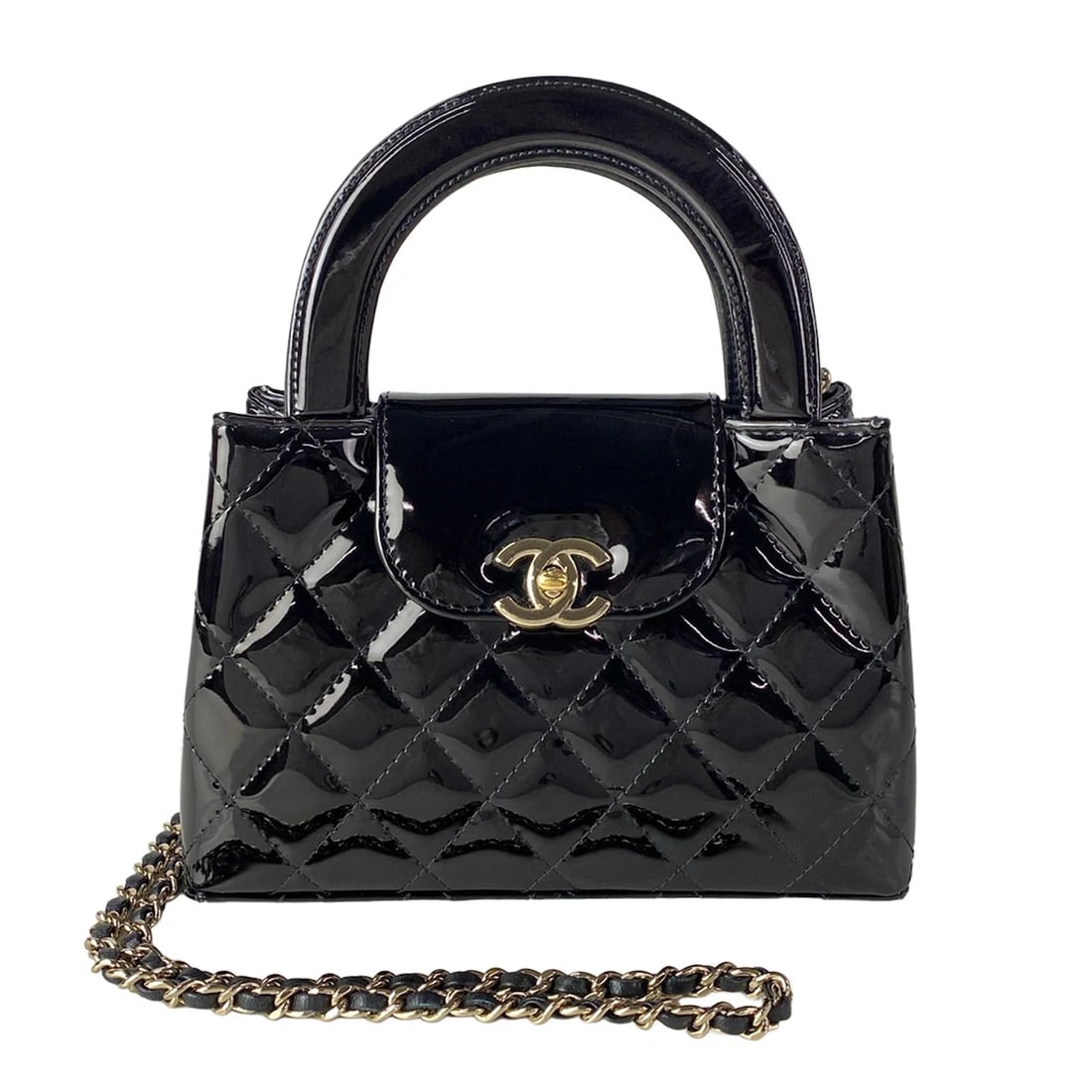 CHANEL MINI SHOPPING BAG/MATELASSE BLACK PATENT LEATHER HANDBAG: CHANEL Mini Shopping Bag/Matelasse Black Patent Leather Handbag Brand: CHANEL Type/Style: Handbag Material: Exterior Material Patent Leather Color: Exterior Color Black Size: Height : 5.31 inch (13.5 