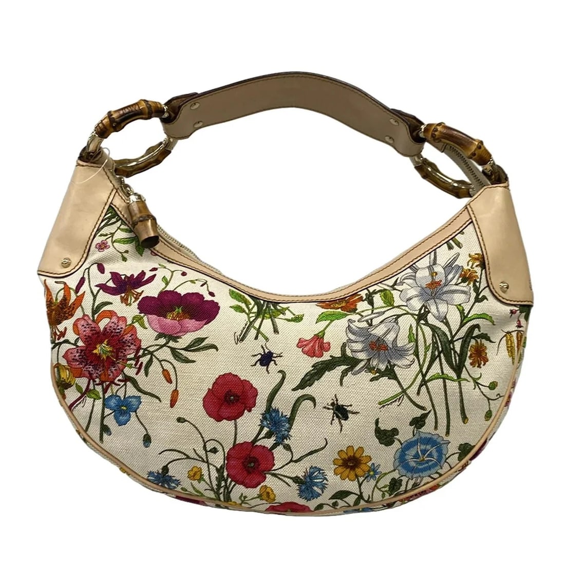 GUCCI FLORA/BAMBOO CREAM BEIGE MULTI JACQUARD LEATHER SHOULDER BAG (1 of 10)