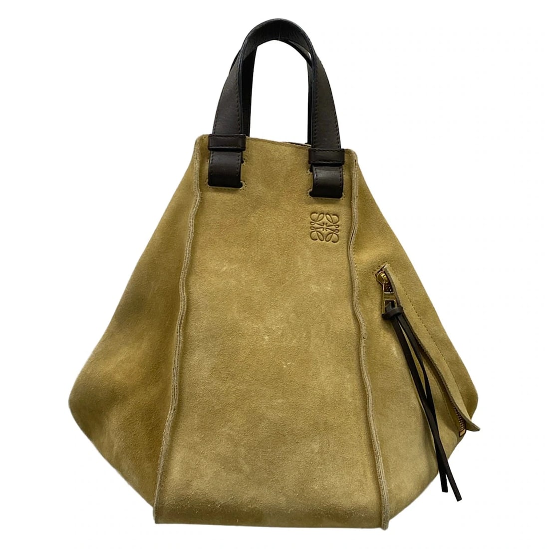 LOEWE HAMMOCK DRAWSTRING BAG MEDIUM BEIGE DARK BROWN: LOEWE Hammock Drawstring Bag Medium Beige Dark Brown Brand: LOEWE Type/Style: Tote Bag Material: Exterior Material Suede, Leather Color: Exterior Color Beige, Dark Brown Size: Height : 11.81 inch"
