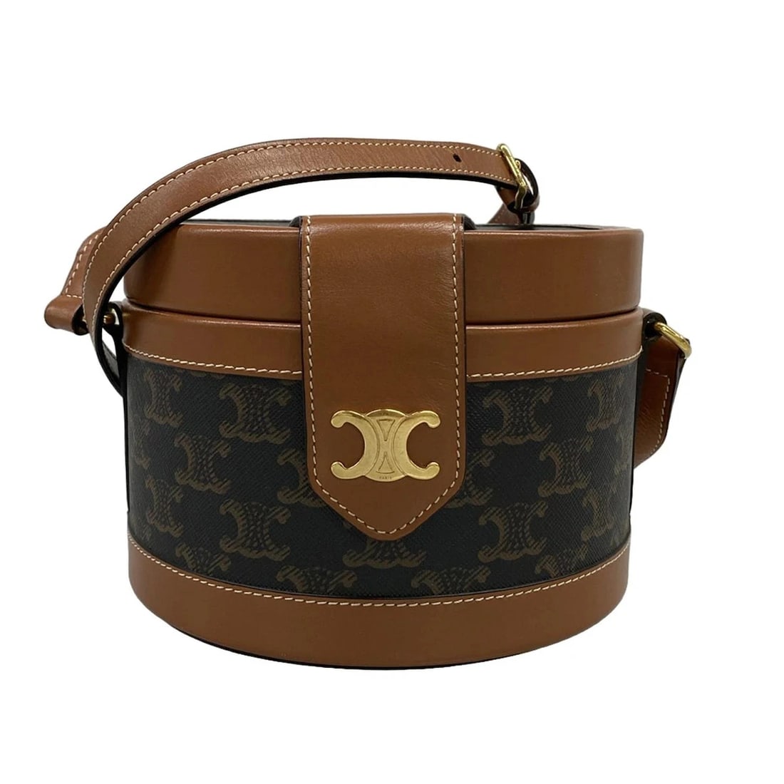 CELINE MEDIUM TAMBOUR BAG TAN TRIOMPHE CANVAS: CELINE Medium Tambour Bag Tan Triomphe Canvas Brand: CELINE Type/Style: Shoulder Bag Material: Exterior Material Triomphe Canvas, Calf Skin Color: Exterior Color Tan(Black, Brown), Brown) Size: Height