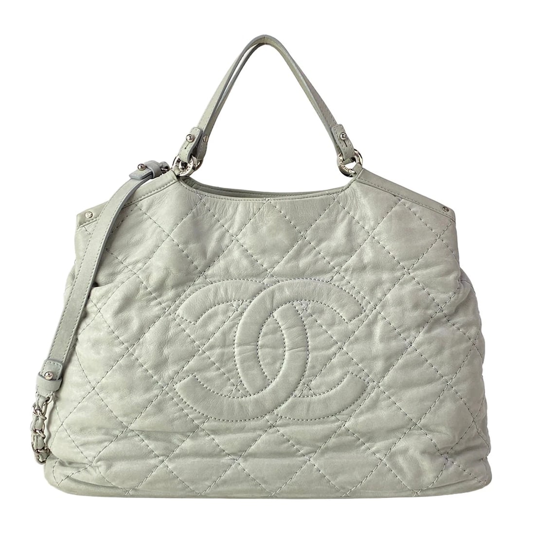 CHANEL MATELASSE/WILD STITCH LIGHT GRAY LEATHER SHOULDER BAG: CHANEL Matelasse/Wild Stitch Light gray Leather Shoulder Bag Brand: CHANEL Type/Style: Shoulder Bag Material: Exterior Material Sparkling Leather Color: Exterior Color Light gray Size: Height : 10.24 
