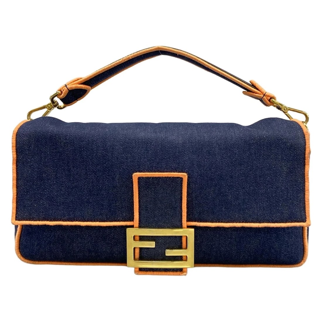 FENDI BAGUETTE LARGE NAVY ORANGE DENIM HANDBAG: FENDI Baguette Large Navy Orange Denim Handbag Brand: FENDI Type/Style: Handbag Material: Exterior Material Denim Color: Exterior Color Navy, Orange Size: Height : 6.5 inch (16.5 cm) cidth : 12.99 inc