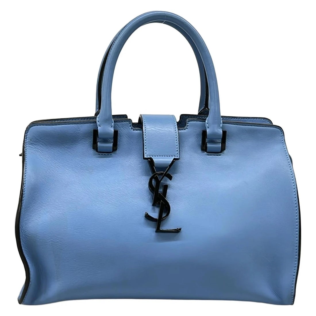SAINT LAURENT PARIS BABY MONOGRAM CABAS LEATHER HANDBAG: SAINT LAURENT PARIS Baby Monogram Cabas Leather Handbag Brand: SAINT LAURENT PARIS Type/Style: Handbag Material: Exterior Material Leather Color: Exterior Color Blue Size: Height : 7.09 inch (18 cm) W