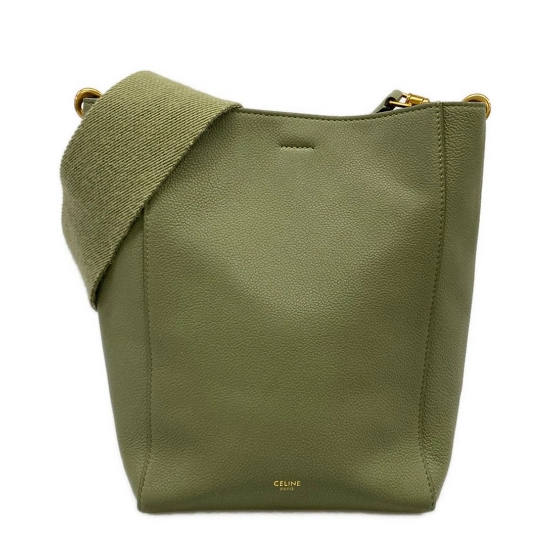 CELINE SANGLE SMALL KHAKI SOFT GRAINED CALFSKIN SHOULDER BAG: CELINE Sangle Small Khaki Soft grained calfskin Shoulder Bag Brand: CELINE Type/Style: Shoulder Bag Material: Exterior Material Soft grained calfskin Color: Exterior Color Khaki Size: Height : 9.65 in