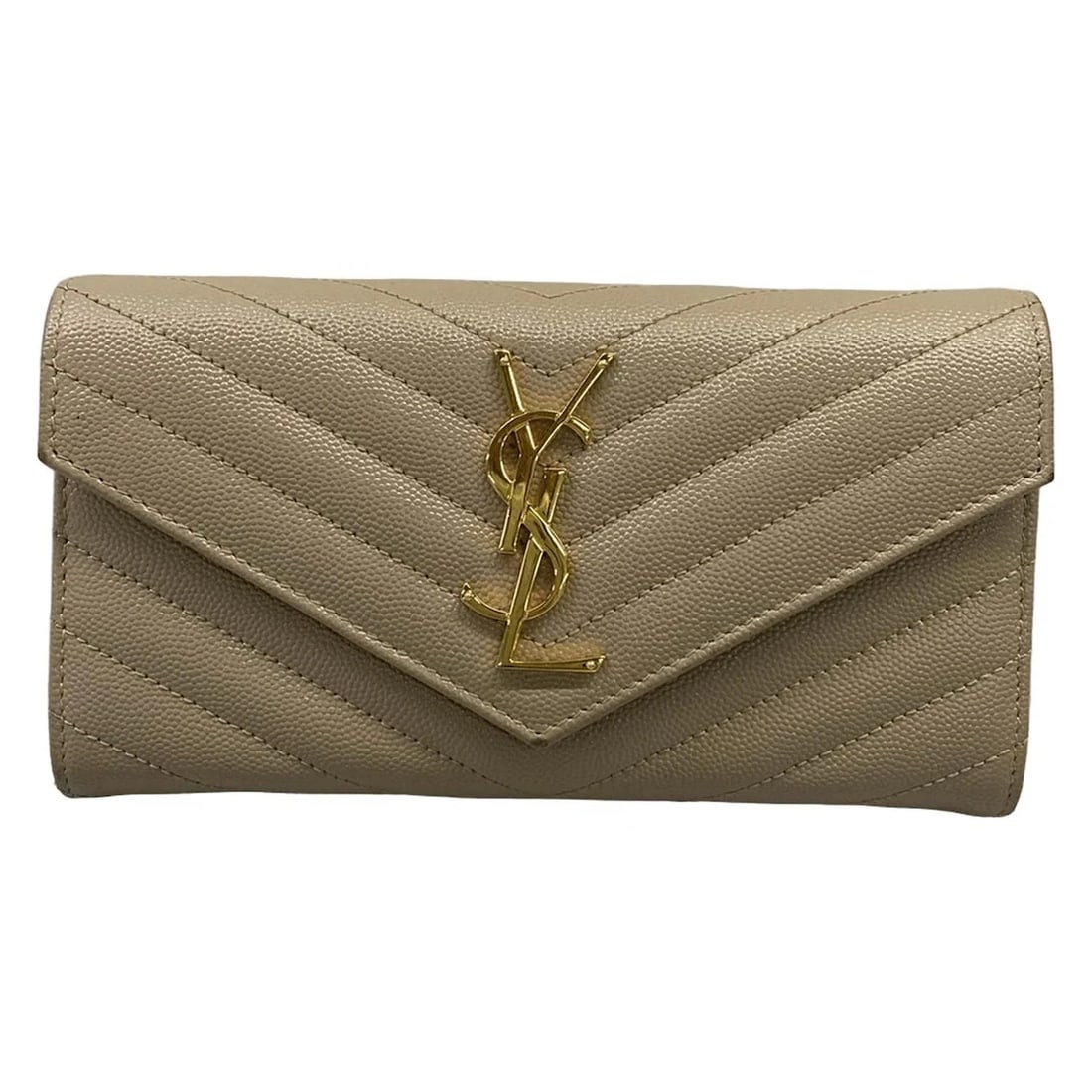 SAINT LAURENT PARIS MONOGRAM LARGE FLAP WALLET: SAINT LAURENT PARIS Monogram large flap wallet Brand: SAINT LAURENT PARIS Type/Style: Long Wallet Material: Exterior Material Leather Color: Exterior Color Beige Size: Height : 4.13 inch (10.5 cm) Wid