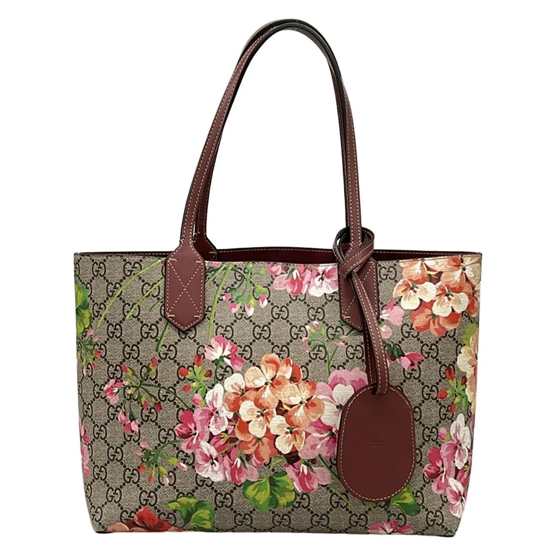 GUCCI GG BLOOMS GRAY BORDEAUX MULTI PVC LEATHERTOTE BAG: GUCCI GG Blooms Gray Bordeaux Multi PVC LeatherTote Bag Brand: GUCCI Type/Style: Tote Bag Material: Exterior Material PVC, Leather Color: Exterior Color Gray, Bordeaux, Multi Size: Height : 8.66 inch 