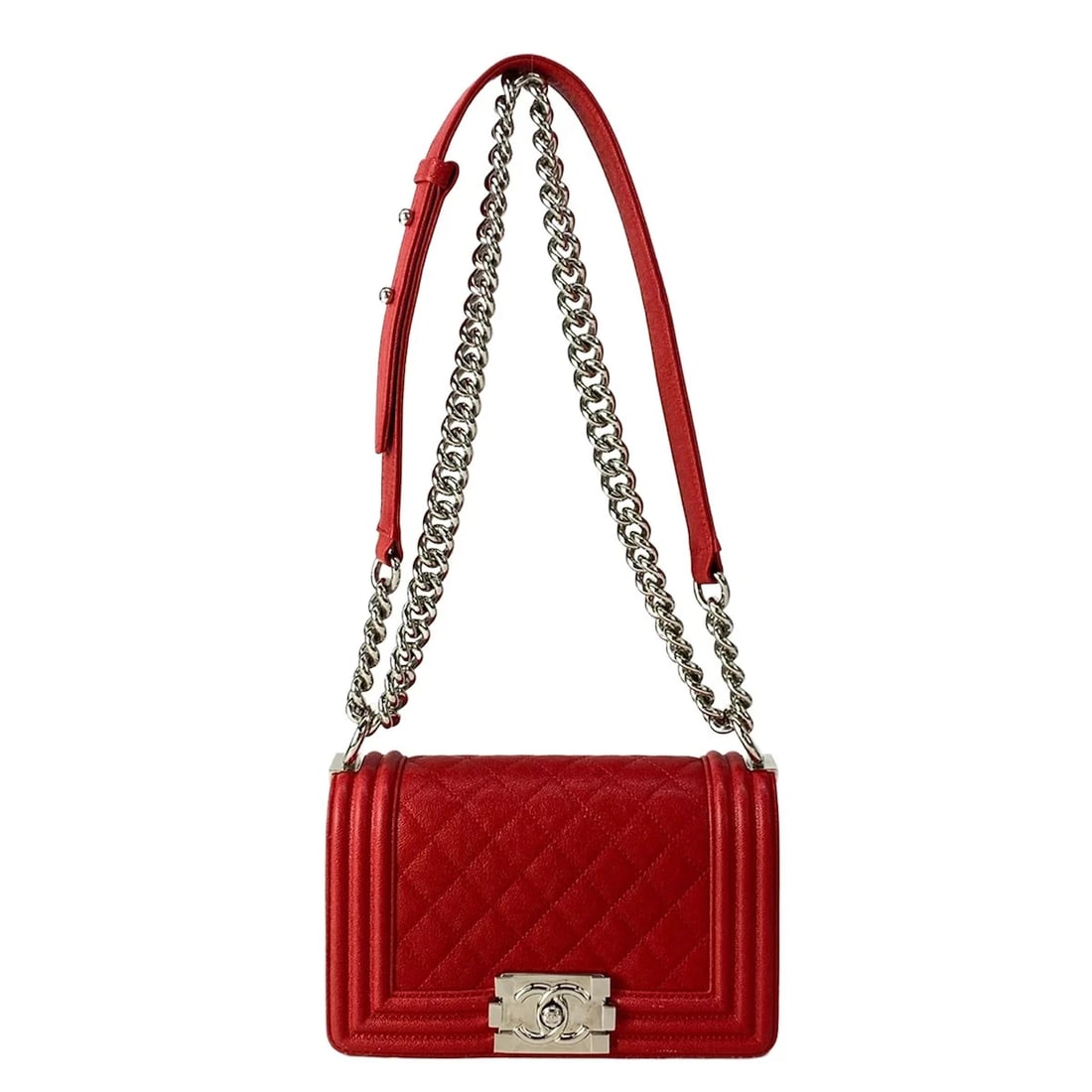 CHANEL BOY CHANEL RED CALFSKIN SHOULDER BAG: CHANEL Boy Chanel Red Calfskin Shoulder Bag Brand: CHANEL Type/Style: Shoulder Bag Material: Exterior Material Calfskin Color: Exterior Color Red Size: Height : 4.92 inch (12.5 cm) Width : 7.68 (19.5 
