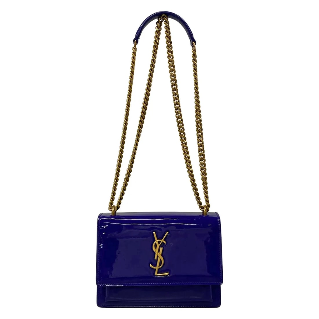 SAINT LAURENT PARIS SUNSET SMALL BLUE PATENT LEATHER SHOULDER BAG: SAINT LAURENT PARIS Sunset Small Blue Patent Leather Shoulder Bag Brand: SAINT LAURENT PARIS Type/Style: Shoulder Bag Material: Exterior Material Patent Leather Color: Exterior Color Blue Size: