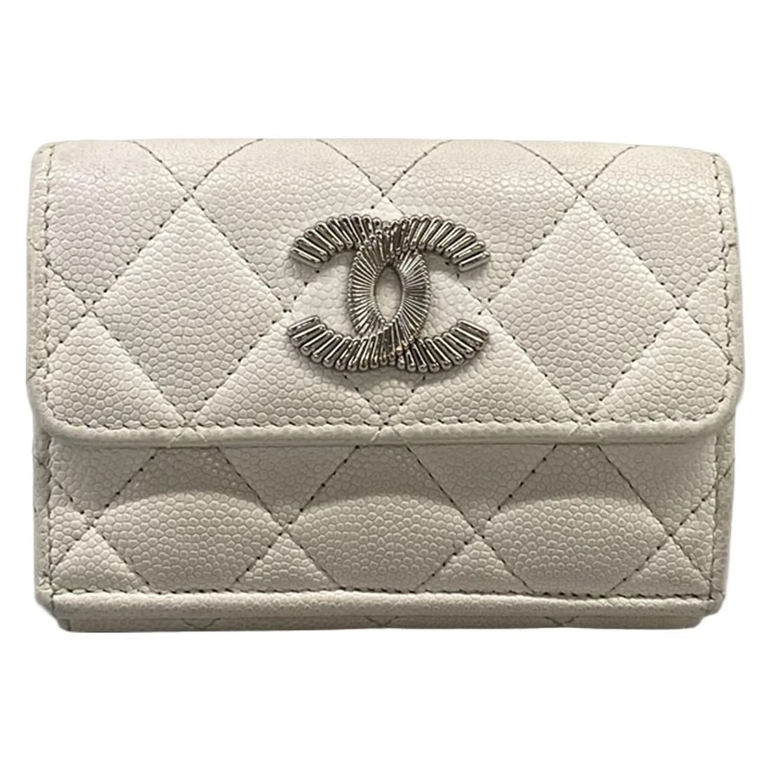 CHANEL MATELASSE WHITE CALFSKIN TRIFOLD WALLET: CHANEL Matelasse White Calfskin Trifold Wallet Brand: CHANEL Type/Style: Trifold Wallet Material: Exterior Material Calfskin Color: Exterior Color White Size: Height : 2.95 inch (7.5 cm) Width : 4.13 