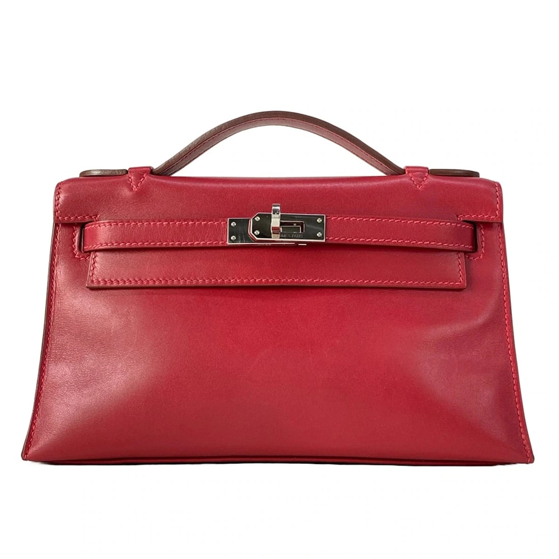 HERMES POCHETTE KELLYRUBY VEAU SWIFT SQUARE HANDBAG: HERMES Pochette KellyRuby Veau Swift Square Handbag Brand: HERMES Type/Style: Handbag Material: Exterior Material Veau Swift Color: Exterior Color Ruby Size: Height : 4.92 inch (12.5 cm) Width : 8.46 