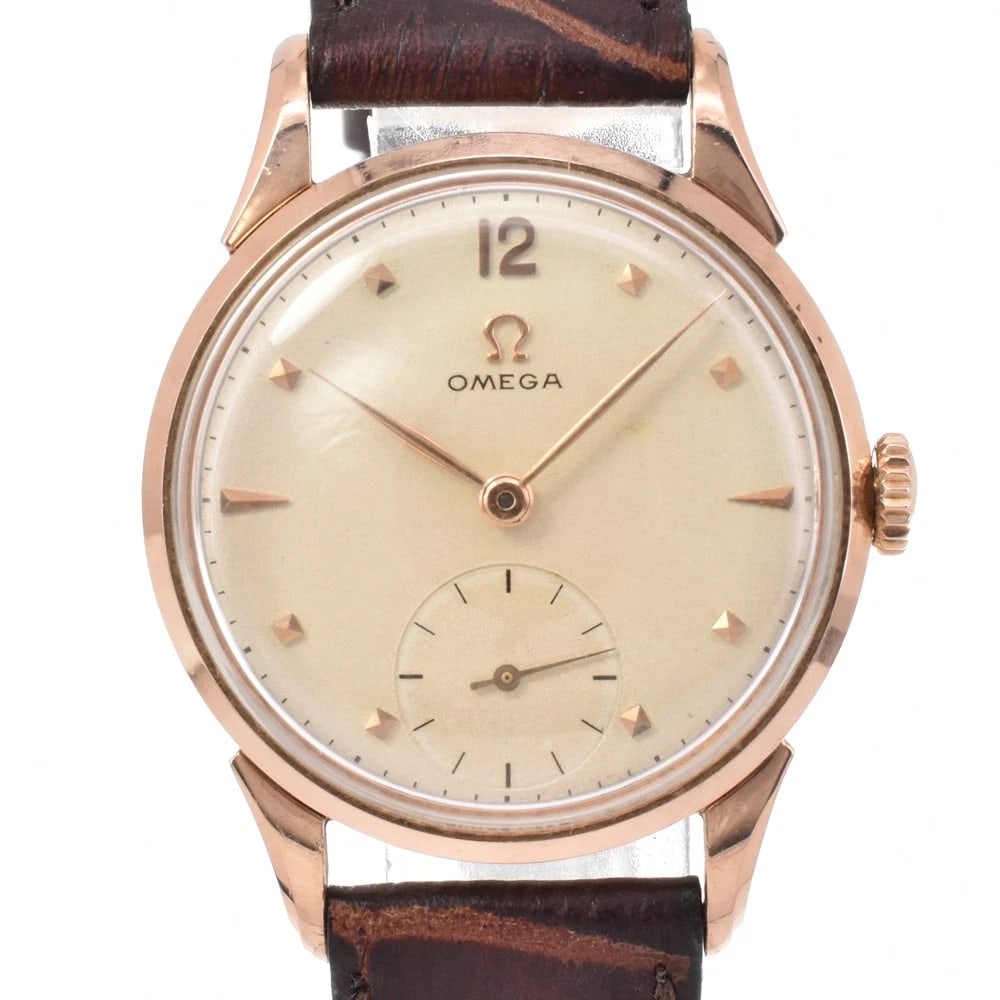 OMEGA SMALL SECOND IVORY DIAL HAND WINDING MEN'S, WATCH: OMEGA Small second Ivory Dial Hand Winding Men's, Watch Brand: OMEGA Type/Style: Wristwatch Material: Band Material leather, Case Material K14RG Color: Band Color Brown, Dial Color Ivory, Case Color R