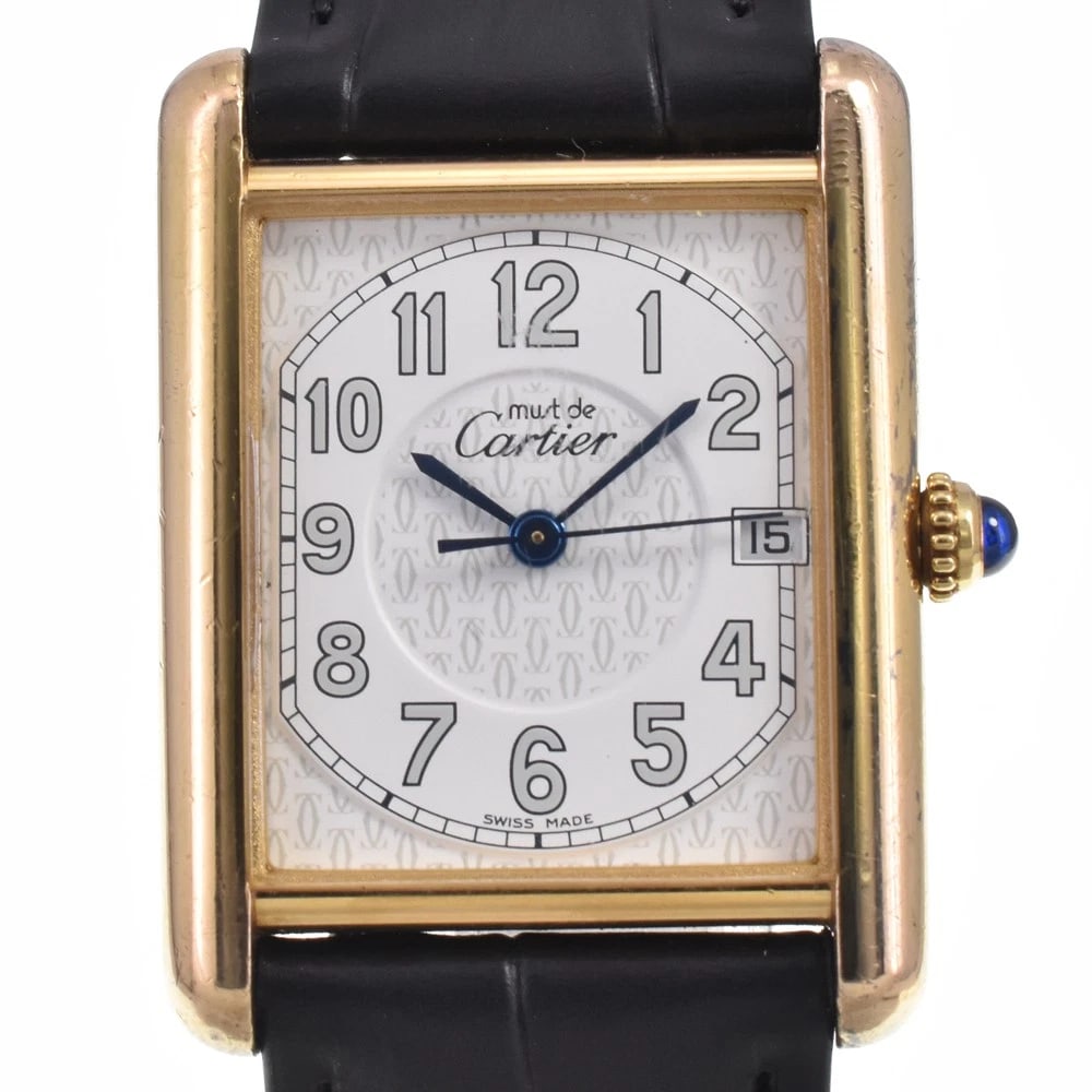 CARTIER MUST TANK LM DATE WHITE DIAL QUARTZ UNISEX WATCH: CARTIER Must tank LM Date white Dial Quartz Unisex Watch Brand: CARTIER Type/Style: Wristwatch Material: Band Material leather, Case Material SV925(Gold Plated) Color: Band Color black, Dial Color whi