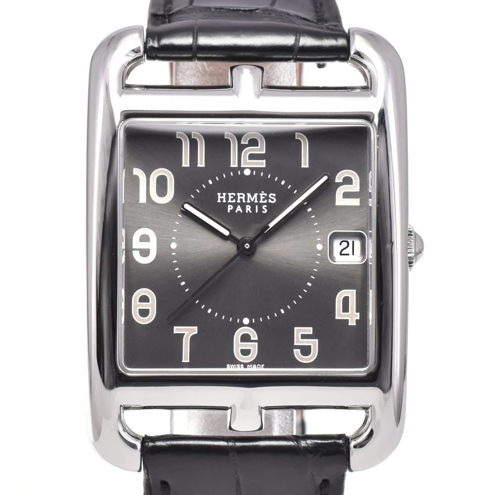 HERMES CAPE DATE GRAY DIAL QUARTZ MEN'S WATCH: HERMES Cape Date gray Dial Quartz Men's Watch Brand: HERMES Type/Style: Wristwatch Material: Band Material leather, Case Material Stainless Steel Color: Band Color black, Dial Color gray, Case Color S
