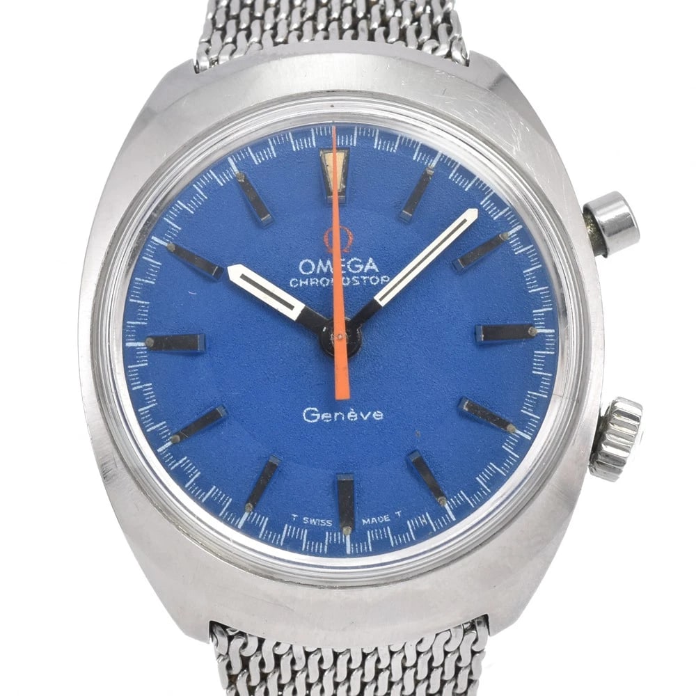 OMEGA GENEVA CHRONOSTOP HANDWINDING MEN'S WATCH: OMEGA Geneva Chronostop HandWinding Men's Watch Brand: OMEGA Type/Style: Wristwatch Material: Band Material Stainless Steel, Case Material Stainless Steel Color: Band Color Silver, Dial Color blue,