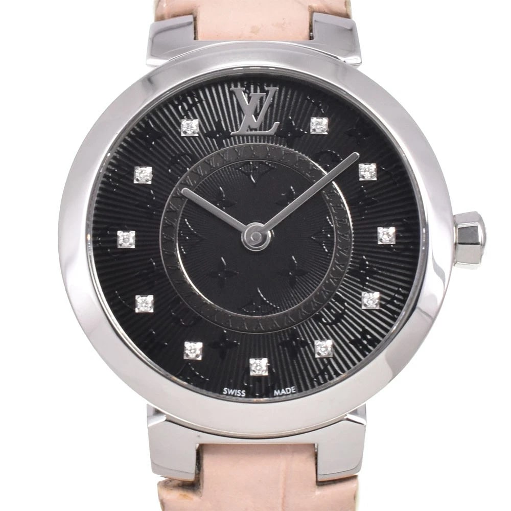LOUIS VUITTON TAMBOUR DIAMOND BLACK DIAL QUARTZ MEN'S WATCH: LOUIS VUITTON Tambour Diamond black Dial Quartz Men's Watch Brand: LOUIS VUITTON Type/Style: Wristwatch Material: Band Material leather, Case Material Stainless Steel Color: Band Color Baby pink, Dial