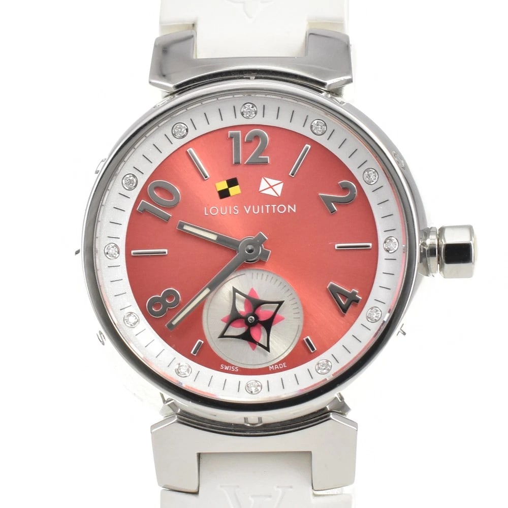 LOUIS VUITTON TAMBOUR LOVELY CUP 12P DIAMOND QUARTZ LADIES WATCH: LOUIS VUITTON Tambour Lovely Cup 12P diamond Quartz Ladies Watch Brand: LOUIS VUITTON Type/Style: Wristwatch Material: Band Material rubber, Case Material Stainless Steel Color: Band Color white,