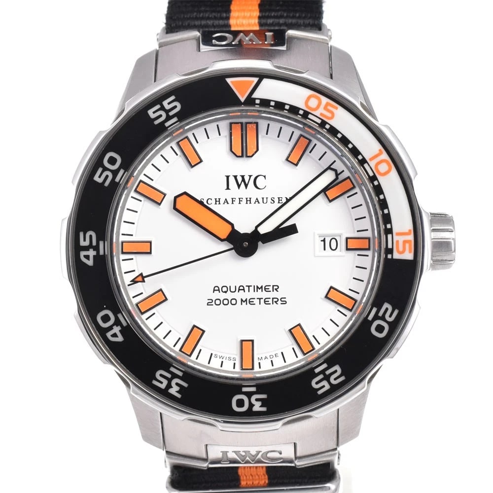 IWC SCHAFFHAUSEN AQUATIMER MEN'S WATCH: IWC SCHAFFHAUSEN Aquatimer Men's Watch Brand: IWC SCHAFFHAUSEN Type/Style: Wristwatch Material: Band Material Nylon, Case Material Stainless Steel Color: Band Color Black / orange, Dial Color white,