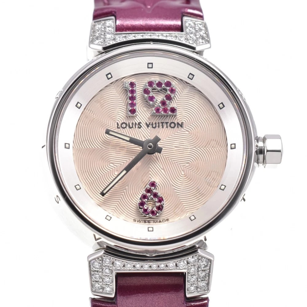 LOUIS VUITTON TAMBOUR RUBY / DIAMOND QUARTZ LADIES WATCH: LOUIS VUITTON Tambour Ruby / Diamond Quartz Ladies Watch Brand: LOUIS VUITTON Type/Style: Wristwatch Material: Band Material leather, Case Material Stainless Steel Color: Band Color purple, Dial