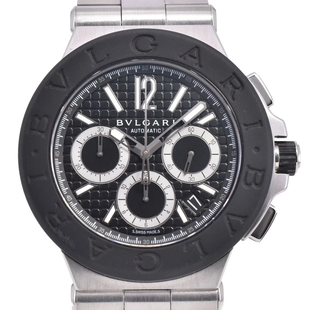 BVLGARI DIAGONO CHRONOGRAPH DATE WATCH: BVLGARI Diagono Chronograph Date Watch Brand: BVLGARI Type/Style: Wristwatch Material: Band Material Stainless Steel, Case Material Stainless Steel / Rubber Color: Band Color Silver, Dial Color black,