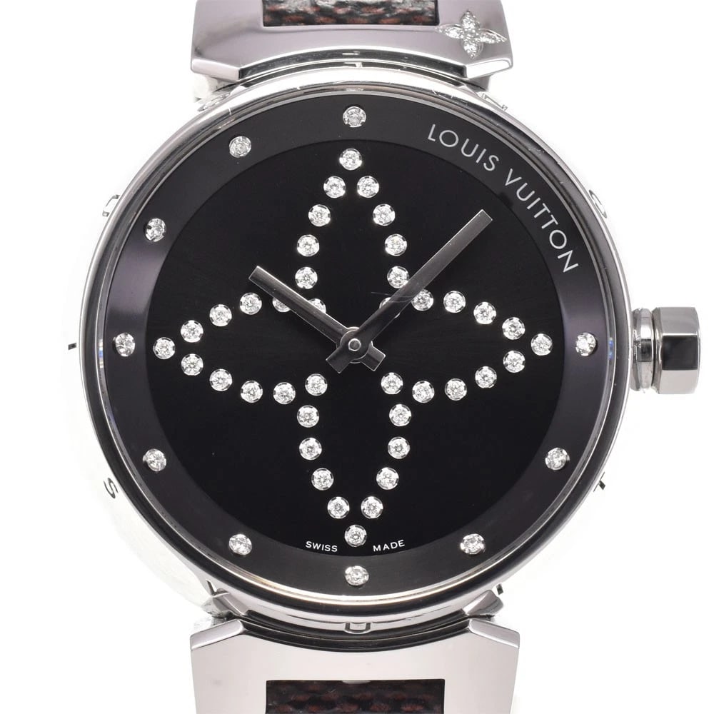 LOUIS VUITTON TAMBOUR DIAMOND BLACK DIAL QUARTZ LADIES WATCH: LOUIS VUITTON Tambour diamond black Dial Quartz Ladies Watch Brand: LOUIS VUITTON Type/Style: Wristwatch Material: Band Material leather, Case Material Stainless Steel Color: Band Color Brown, Dial