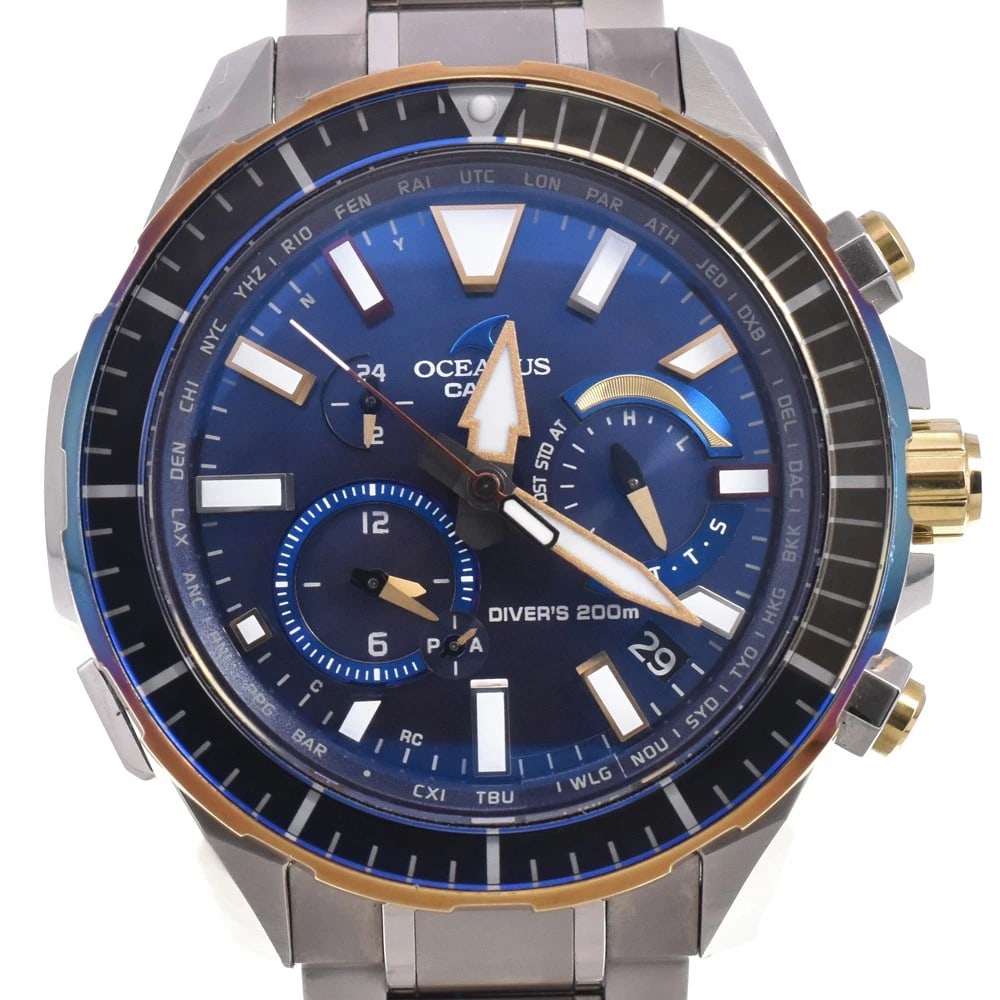 CASIO OCEANUS CACHARO RADIO SYNC SOLAR MEN'S WATCH: CASIO Oceanus Cacharo Radio Sync Solar Men's Watch Brand: CASIO Type/Style: Wristwatch Material: Band Material titanium, Case Material titanium Color: Band Color Silver, Dial Color Navy, Case Color Si