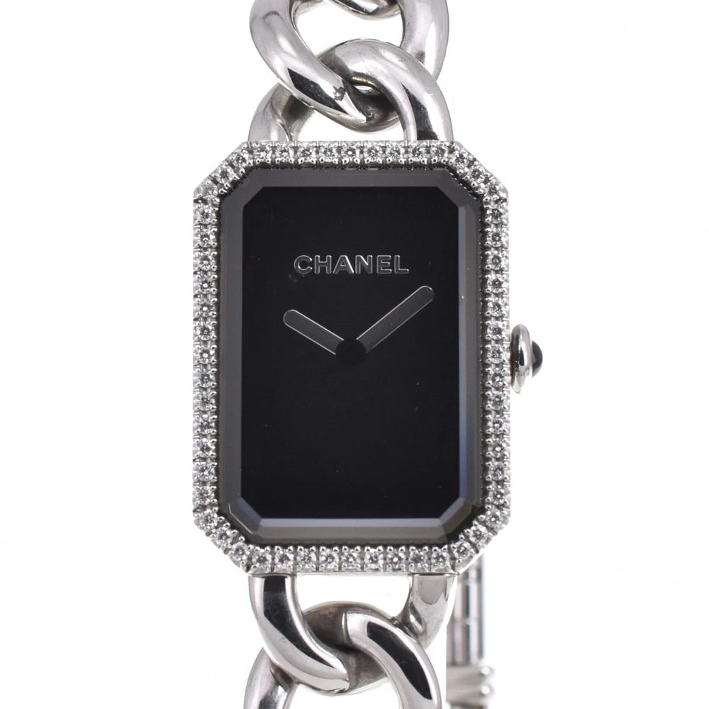 CHANEL PREMIERE DIAMOND BEZEL QUARTZ LADIES WATCH: CHANEL Premiere Diamond Bezel Quartz Ladies Watch Brand: CHANEL Type/Style: Wristwatch Material: Band Material Stainless Steel, Case Material Stainless Steel Color: Band Color Silver, Dial Color black