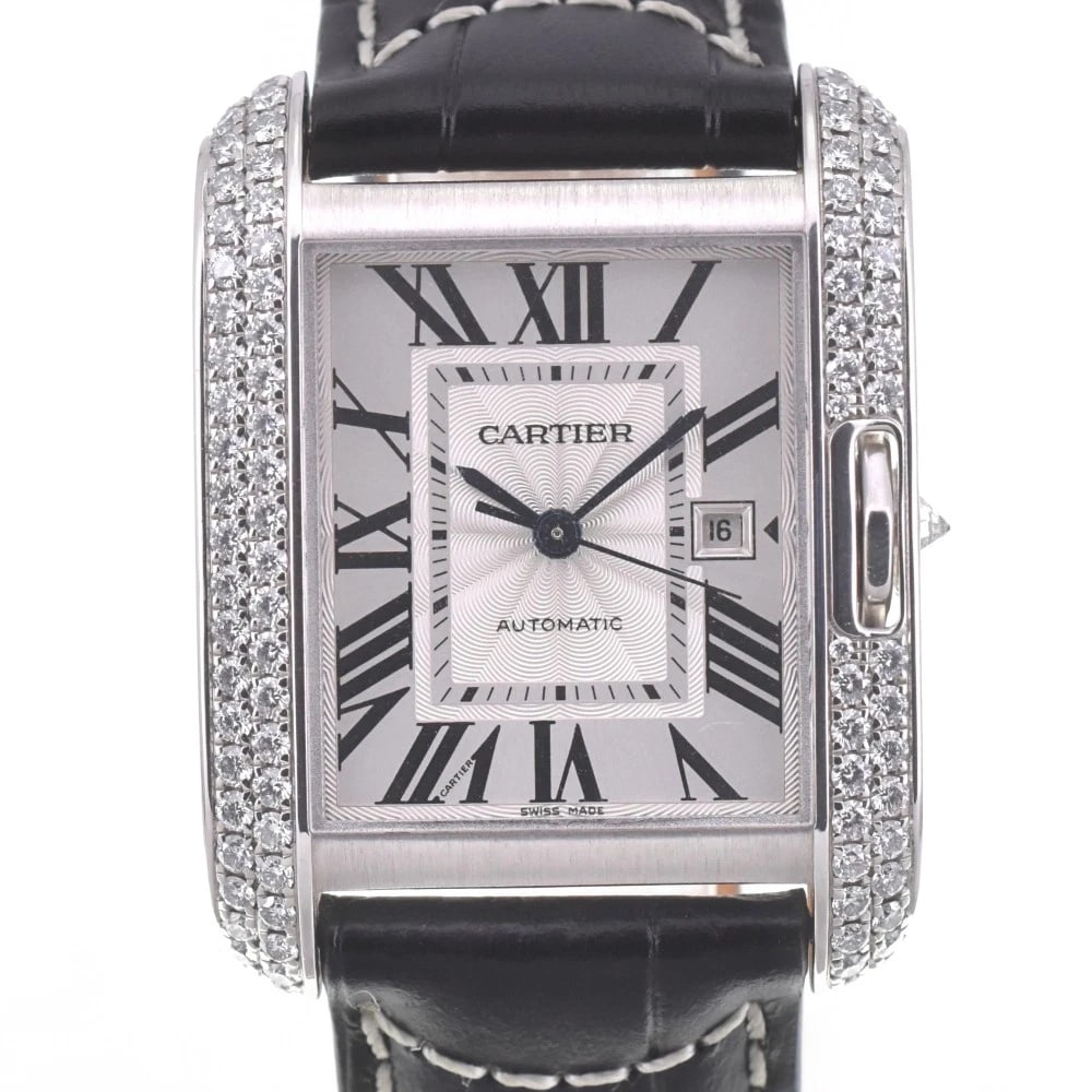 CARTIER TANK ANGLAISE LM DIAMOND BEZEL MEN'S WATCH: CARTIER Tank Anglaise LM Diamond Bezel Men's Watch Brand: CARTIER Type/Style: Wristwatch Material: Band Material leather, Case Material K18WG Color: Band Color black, Dial Color Silver, Case Color Sil