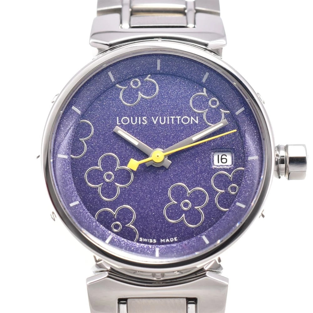 LOUIS VUITTON TAMBOUR DATE LADIES WATCH: LOUIS VUITTON Tambour Date Ladies Watch Brand: LOUIS VUITTON Type/Style: Wristwatch Material: Band Material Stainless Steel, Case Material Stainless Steel Color: Band Color Silver, Dial Color purple, 
