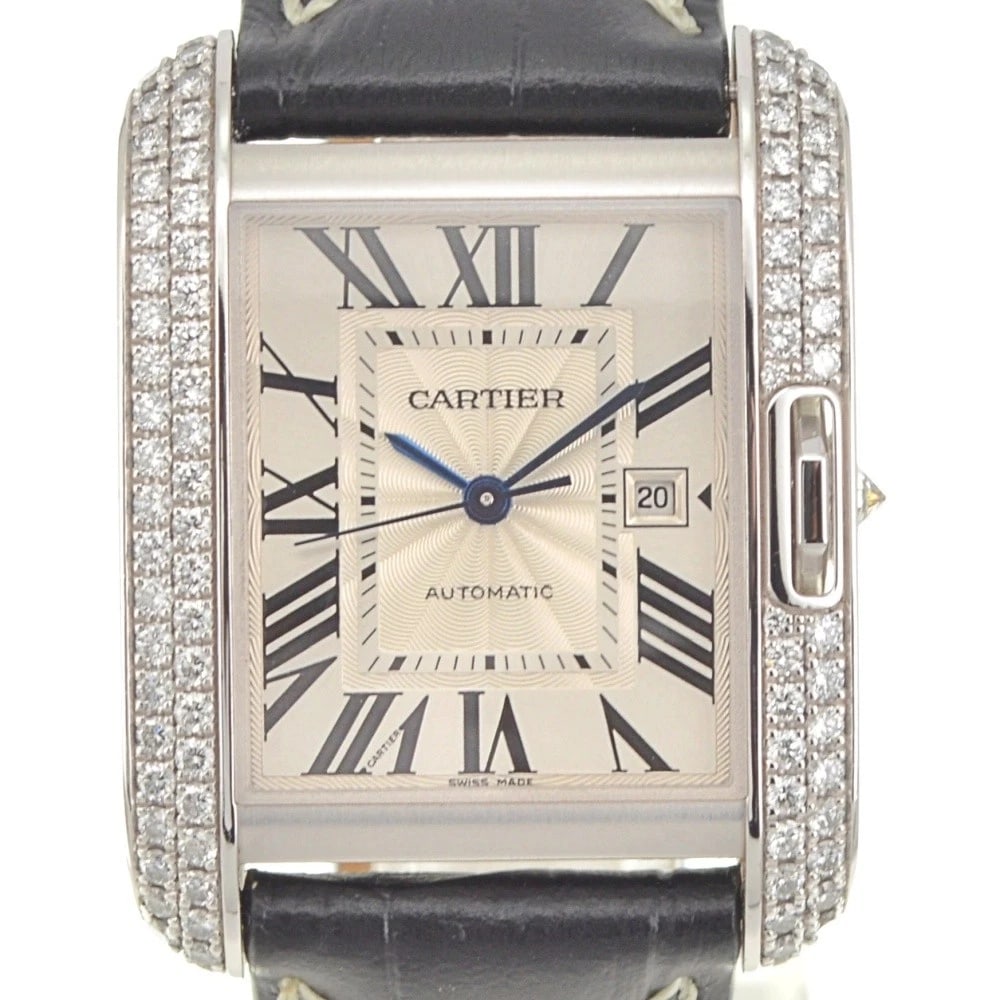 CARTIER TANK ANGLAISE LM DATE DIAMOND BEZEL MEN'S WATCH: CARTIER Tank Anglaise LM Date Diamond Bezel Men's Watch Brand: CARTIER Type/Style: Wristwatch Material: Band Material leather, Case Material K18WG Color: Band Color black, Dial Color Silver, Case