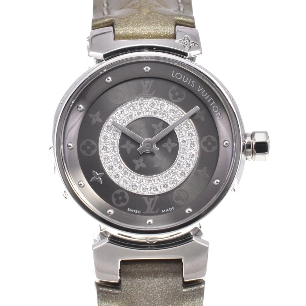 LOUIS VUITTON TAMBOURG DISC PM DIAMOND WATCH: LOUIS VUITTON Tambourg Disc PM diamond Watch Brand: LOUIS VUITTON Type/Style: Wristwatch Material: Band Material leather, Case Material Stainless Steel Color: Band Color khaki, Dial Color gray, Case C