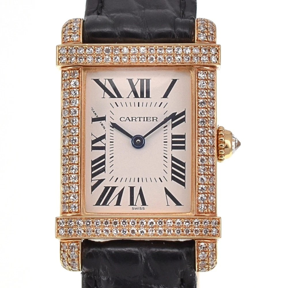 CARTIER TANK SINO WARDS K18YG DIAMOND BEZEL QUARTZ LADIES WATCH: CARTIER Tank Sino wards K18YG Diamond Bezel Quartz Ladies Watch Brand: CARTIER Type/Style: Wristwatch Material: Band Material leather, Case Material K18YG Color: Band Color Brown, Dial Color Ivory, Ca