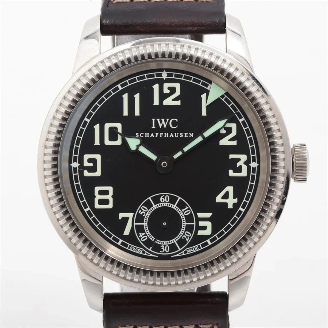IWC PILOT WATCH HANDWIND SS & LEATHER BLACK DIAL, WATCH: IWC Pilot Watch Handwind SS & Leather black dial, Watch Brand: IWC Type/Style: Wristwatch Material: SS & Leather Color: black dial Size: Case:W1.6 x H1.6inch / W44 x H44 Circumference of