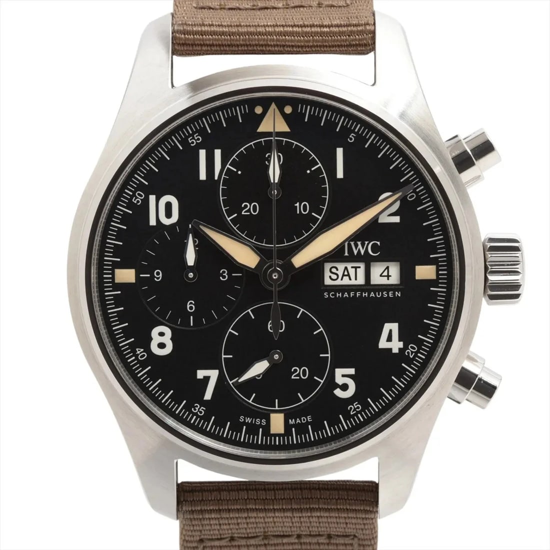 IWC PILOT WATCH CHRONOGRAPH SPITFIRE SS & LEATHER BLACK DIAL, WATCH: IWC Pilot Watch Chronograph Spitfire SS & Leather black dial Watch Brand: IWC Type/Style: Wristwatch Material: SS & Leather Color: black dial Size: Case:W1.2 x H1.2inch / W38 x H38 Circumference of Wr