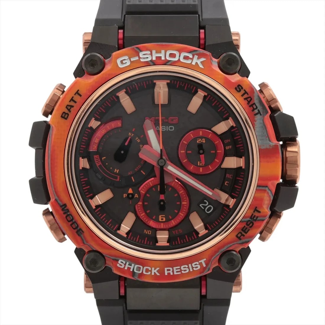 CASIO G-SHOCK MT-G ANNIVERSARY FLARE RED SS & RUBBER BLACK DIAL, WATCH: Casio G-SHOCK MT-G Anniversary Flare Red SS & Rubber black dial, Watch Brand: Casio Type/Style: Wristwatch Material: SS & Rubber Color: black dial Size: Case:W2.0 x H2.0inch / W50.9 x H51.9 Circumfere