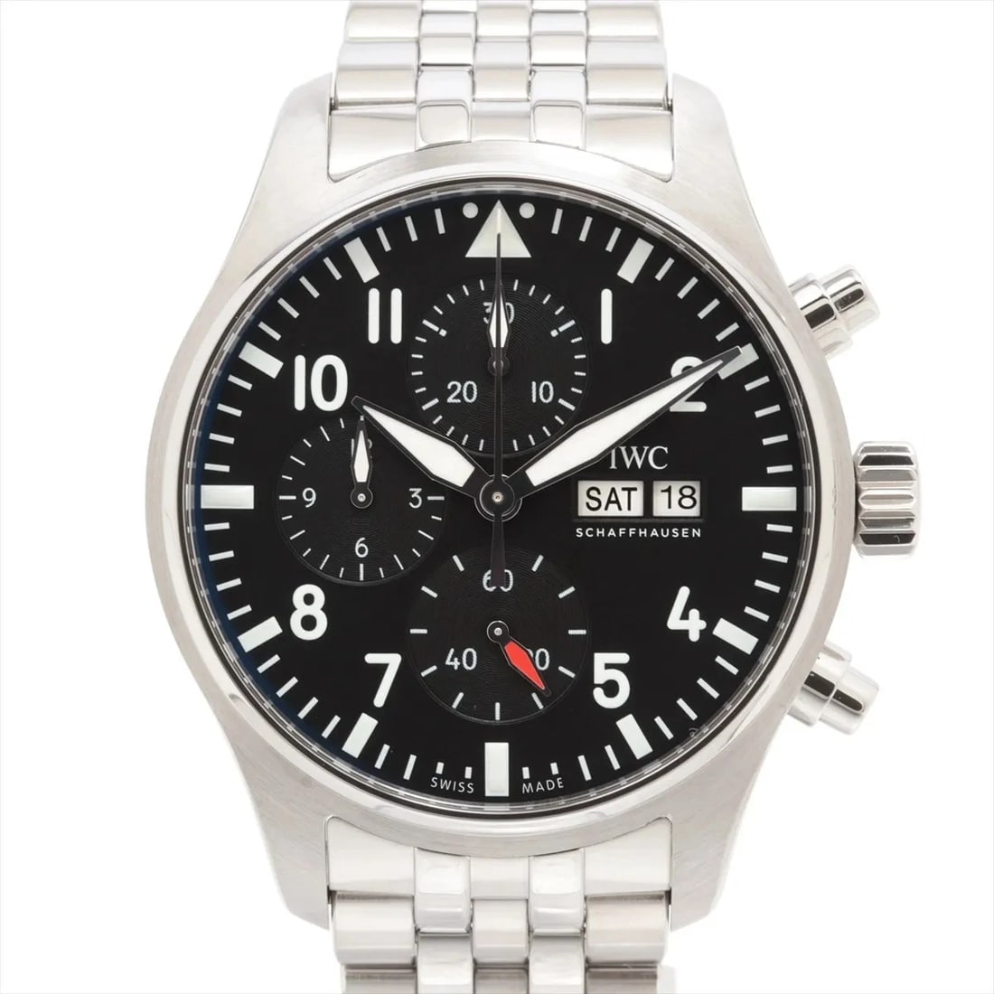 IWC PILOT WATCH CHRONOGRAPH SS BLACK DIAL, WATCH: IWC Pilot Watch Chronograph SS black dial, Watch Brand: IWC Type/Style: Wristwatch Material: SS Color: black dial Size: Case:W1.6 x H1.6inch / W43 x H43 Circumference of Wrist:7.1inch / 18 Accesso