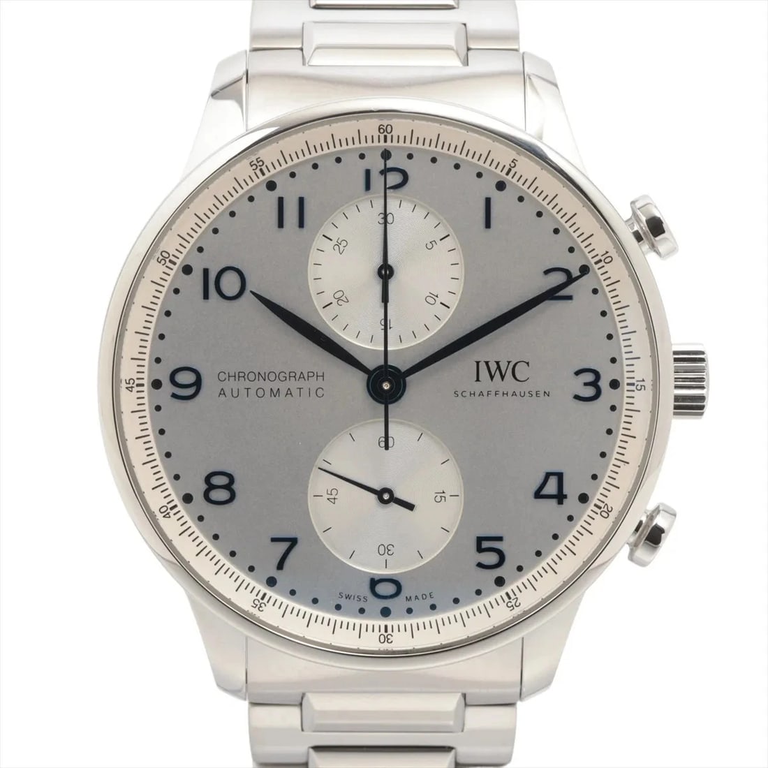 IWC PORTUGIESER CHRONOGRAPH SS SILVER-FACE, WATCH: IWC Portugieser Chronograph SS Silver-Face, Watch Brand: IWC Type/Style: Wristwatch Material: SS Color: Silver-Face Size: Case:W1.6 x H1.6inch / W41 x H41 Circumference of Wrist:6.1inch / 15.5 Acc