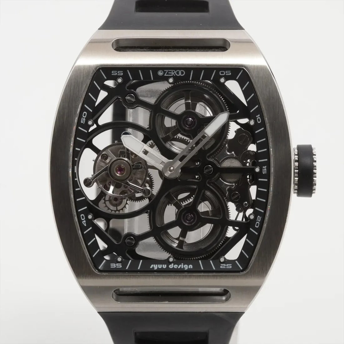 ZERO TIME SS & RUBBER SKELETON DIAL, WATCH: ZERO TIME SS & Rubber Skeleton dial, Watch Brand: ZERO TIME Type/Style: Wristwatch Material: SS & Rubber Color: skeleton dial Size: Case:W1.6 x H1.6inch / W41 x H48 Circumference of Wrist:5.7inch /