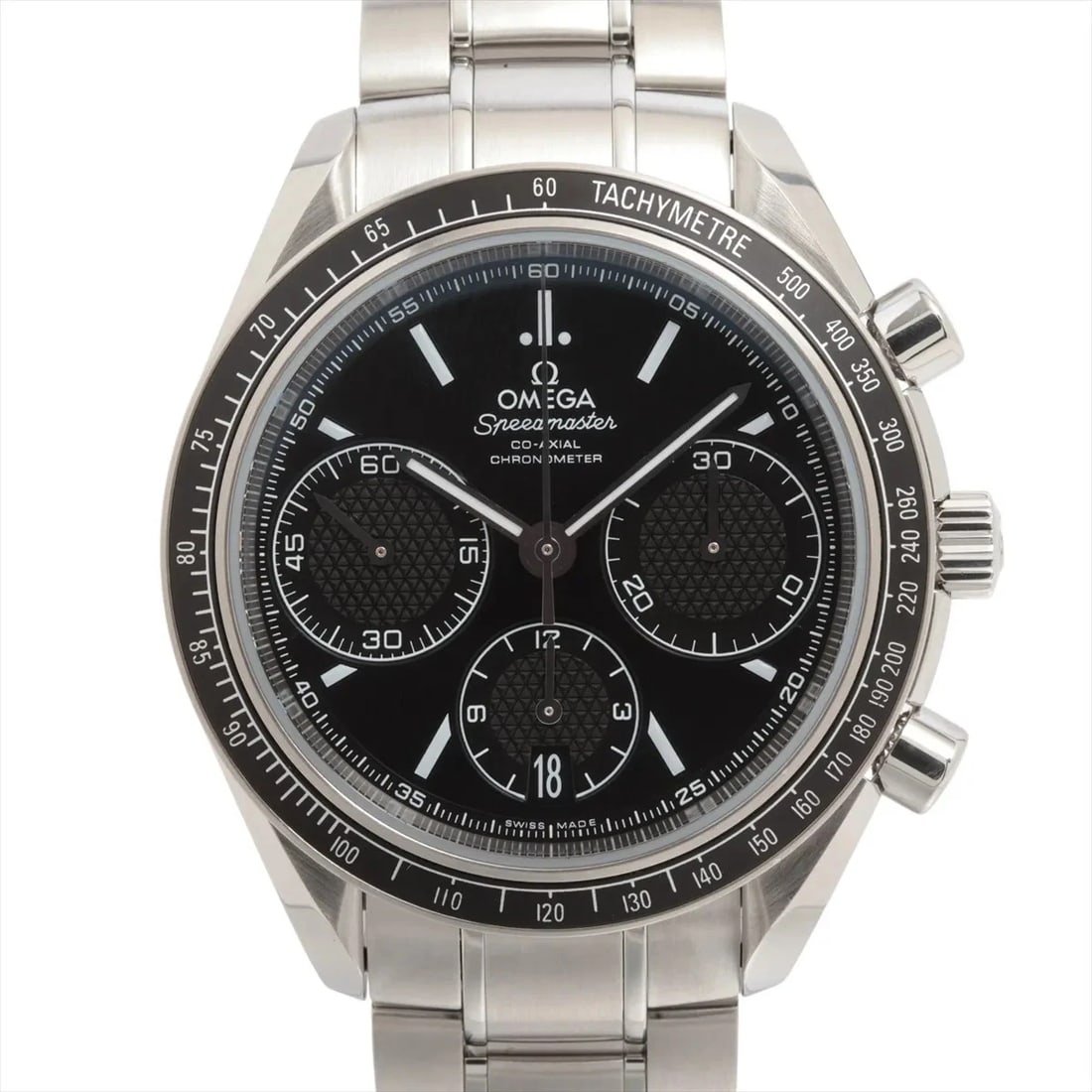 OMEGA SPEEDMASTER RACING CO-AXIAL CHRONOMETER SS BLACK DIAL, WATCH: Omega Speedmaster racing Co-Axial Chronometer SS black dial, Watch Brand: Omega Type/Style: Wristwatch Material: SS Color: black Size: Case:W1.6 x H1.6inch / W40 x H40 Circumference of Wrist:8.1inch /