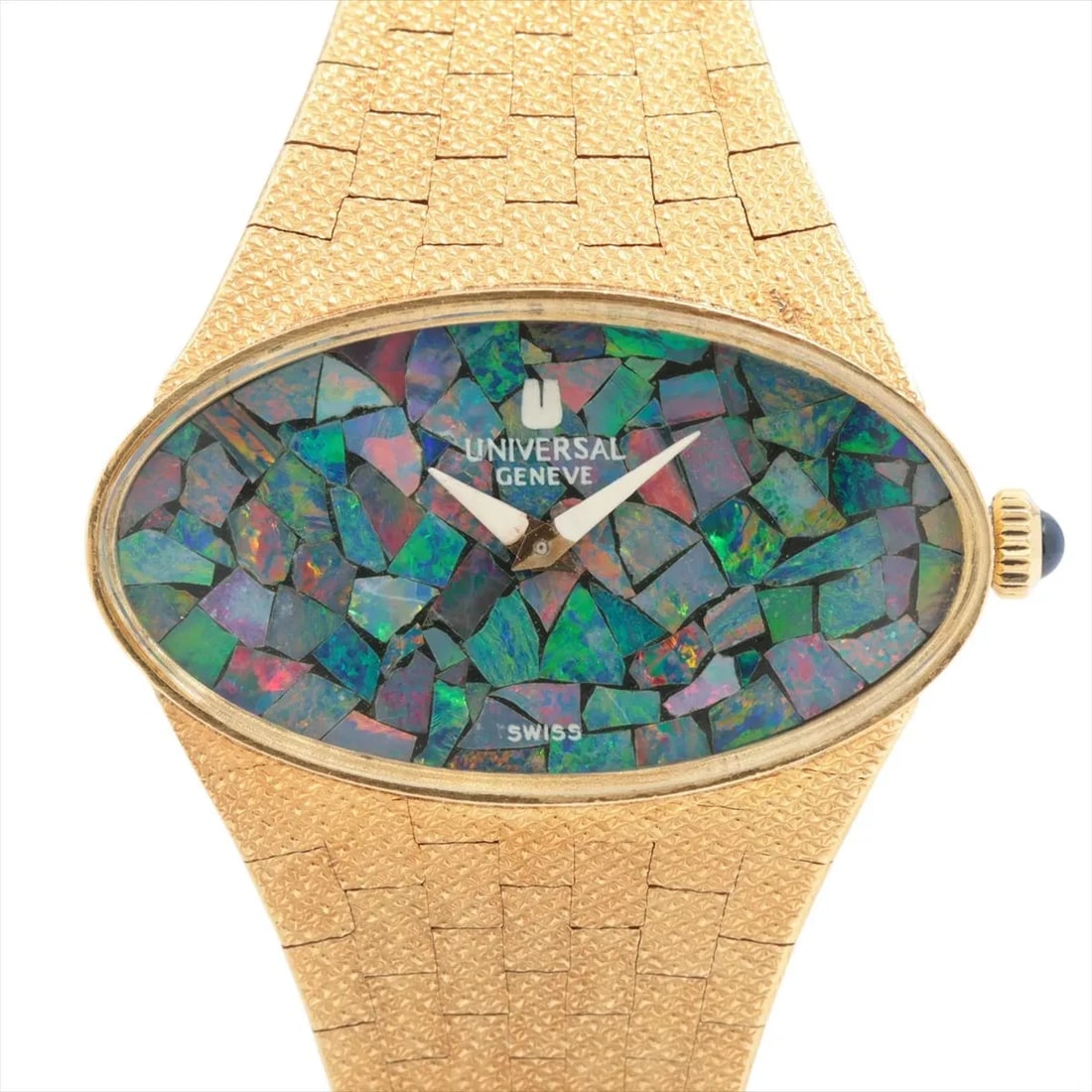 UNIVERSAL GEN?VE YG OPAL DIAL, WATCH: Universal YG Opal dial Watch Brand: Universal Gen?ve Type/Style: Wristwatch Material: YG Color: Opal dial Size: Case:W1.2 x H0.4inch / W30 x H17 Circumference of Wrist:6.5inch / 16.5 Accessories: