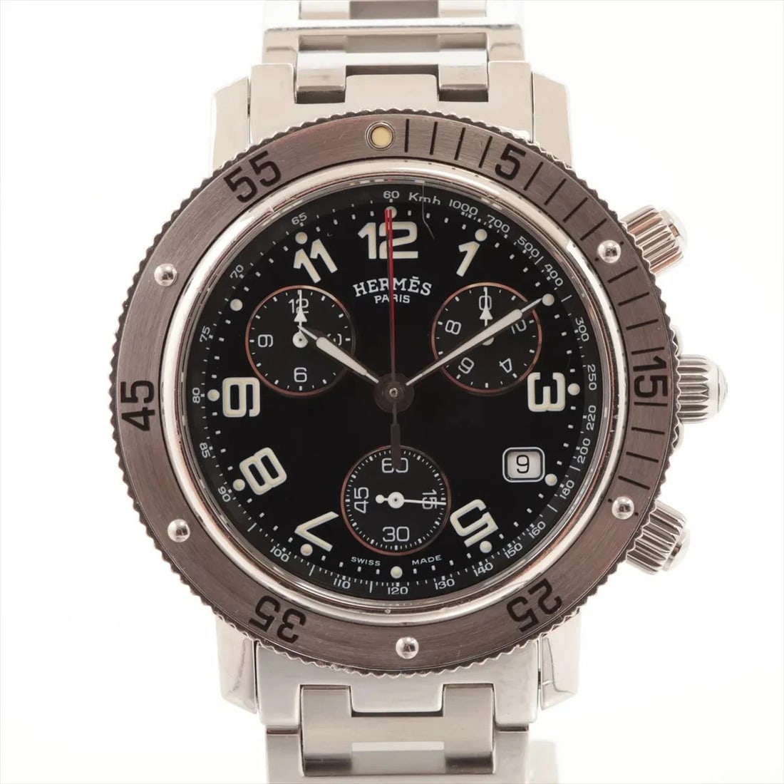 HERM?S CLIPPER DIVER CHRONOGRAPH SS BLACK DIAL, WATCH: Hermes Clipper Diver Chronograph SS black dial, Watch Brand: Herm?s Type/Style: Wristwatch Material: SS Color: black dial Size: Case:W1.2 x H1.2inch / W39 x H39 Circumference of Wrist:5.9inch / 15