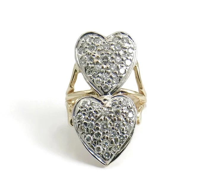 TWO-TONE DOUBLE HEART DIAMOND LONG COCKTAIL RING: Two-Tone Double Heart Diamond Long Cocktail Ring Brand: Outlet Type/Style: Ring Material: 14K Yellow White Gold, Main Stone/Creation Natural Color: Gold Size: 2.5 US Accessories: None Acce