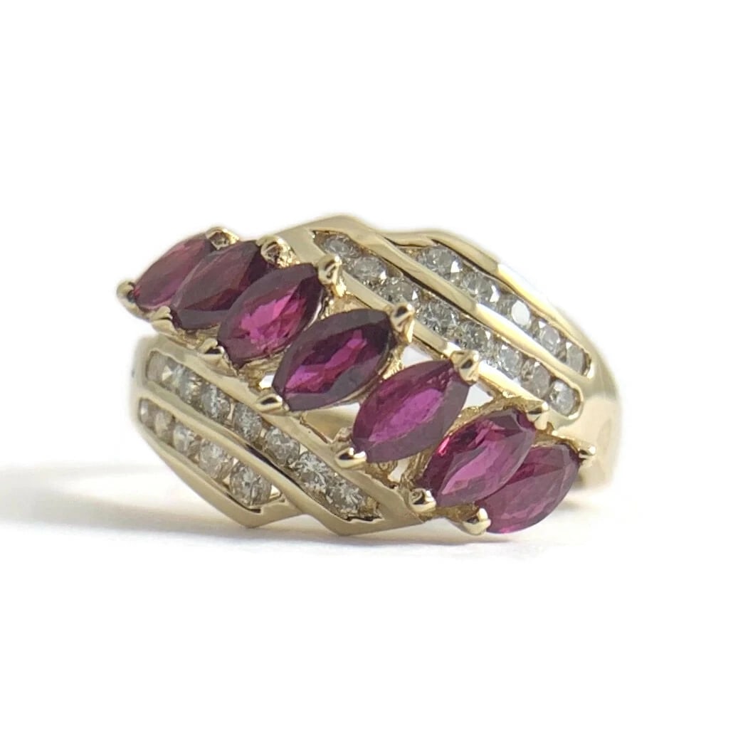 MARQUISE RUBY DIAMOND CHANNEL-SET STATEMENT RING: Marquise Ruby Diamond Channel-Set Statement Ring Brand: Unbranded Type/Style: Ring Material: 14K Yellow Gold, Main Stone/Creation Natural Color: Red Size: 5.25 US Accessories: None Accesso