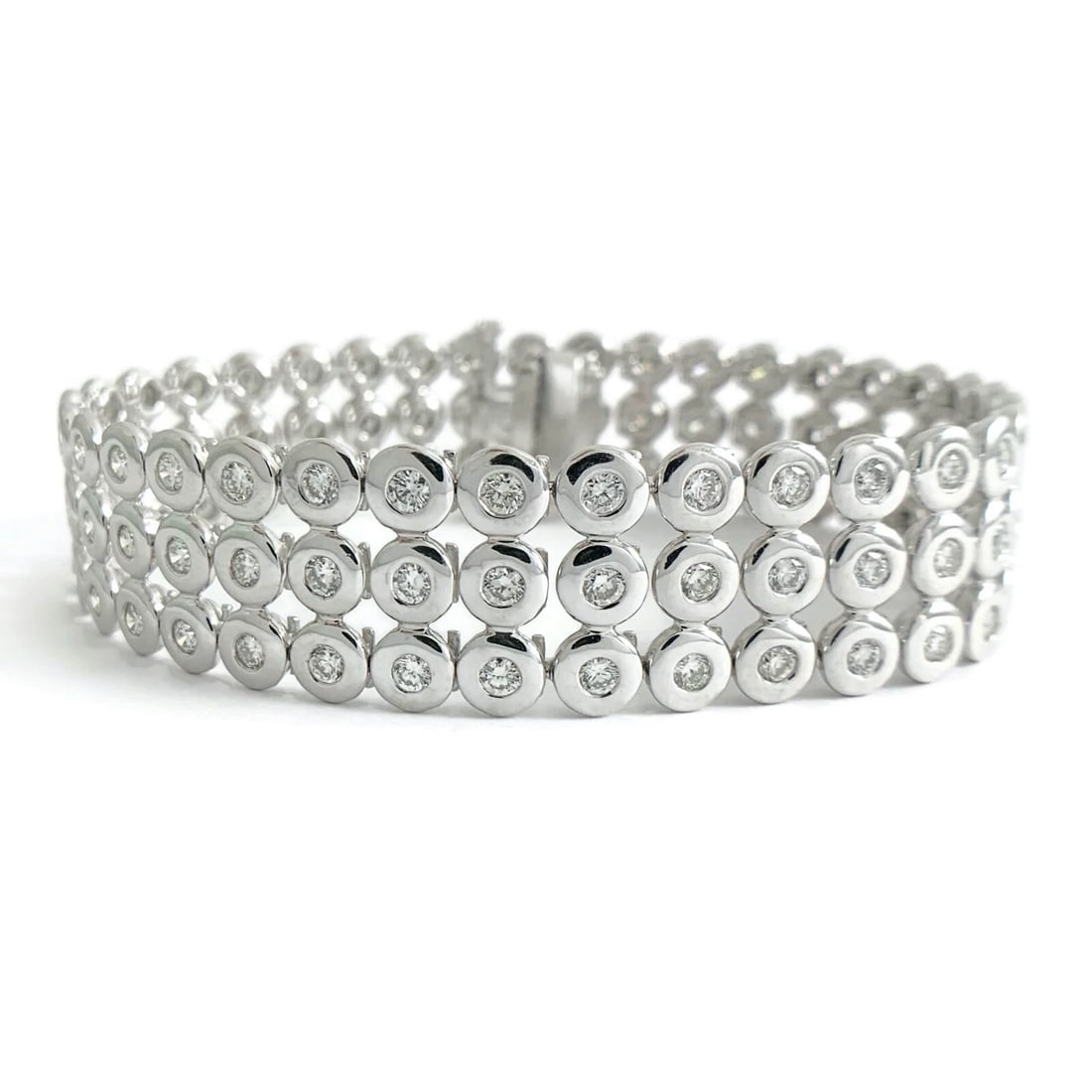 WIDE 3-ROW BEZEL DIAMOND BRACELET 14K WHITE GOLD: Wide 3-Row Bezel Diamond Bracelet 14K White Gold Brand: Unbranded Type/Style: Bracelet Material: 14K White Gold, Main Stone/Creation Natural Color: Silver Size: Length: 7 inches Width: 15.6 mm