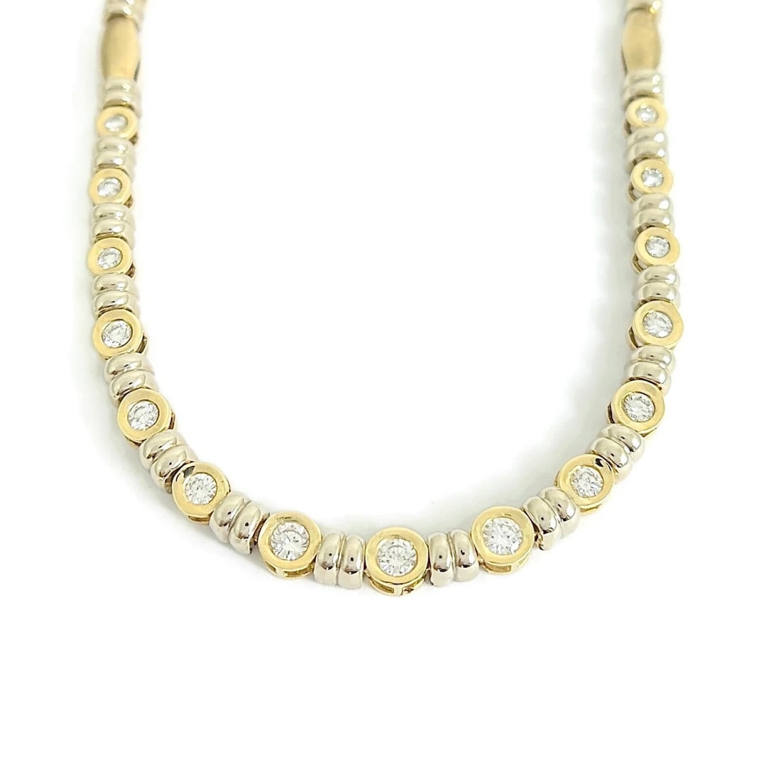 DIAMOND BEZEL SET TWO-TONE NECKLACE 14K YELLOW WHITE GOLD: Diamond Bezel Set Two-Tone Necklace 14K Yellow White Gold Brand: Unbranded Type/Style: Necklace Material: 14K Yellow White Gold, Main Stone/Creation Natural Color: Gold Size: Length: 16 inches Width: 