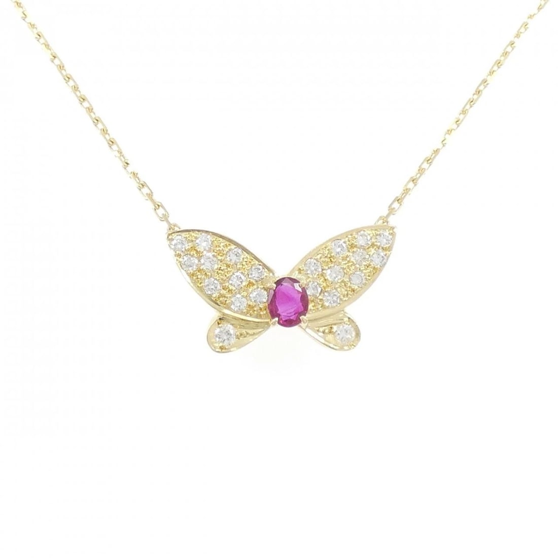 K18YG BUTTERFLY RUBY NECKLACE: K18YG Butterfly Ruby Necklace Brand: Unbranded Type/Style: Ruby Necklace Material: 18K Yellow Gold, Main Stone/Creation RubySecondary Stone Diamond Color: Yellow Gold Size: Actual Size Pendant length 