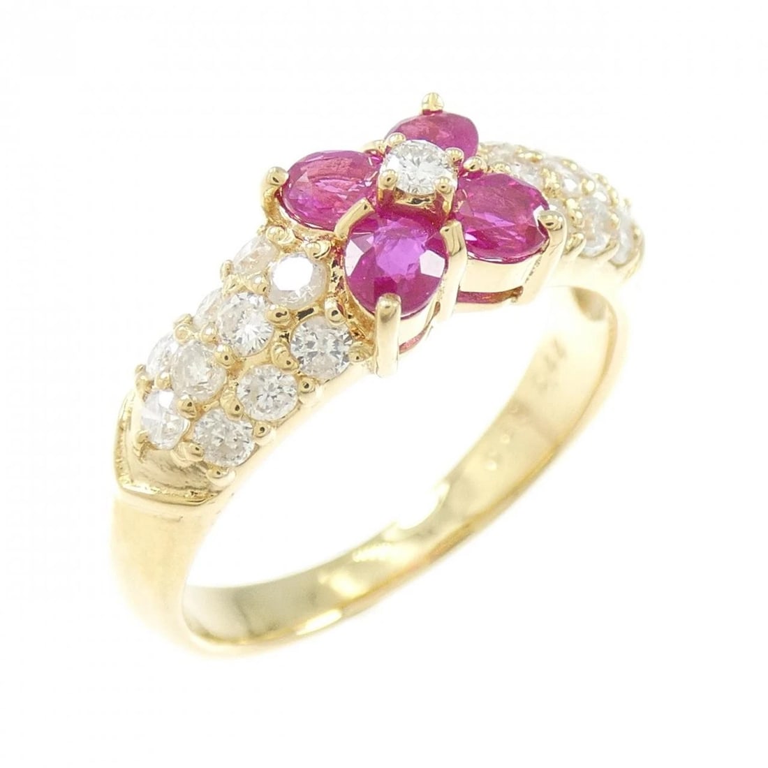 K18YG FLOWER RUBY RING: K18YG Flower Ruby Ring Brand: Unbranded Type/Style: Ruby Ring Material: 18K Yellow Gold, Main Stone/Creation RubySecondary Stone Diamond Color: Yellow Gold Size: US 5 1/2 Accessories: None
